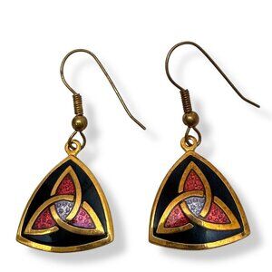 Celtic Enamel Earrings by Sea Gems Pierced Dangle Triangle Goldtone